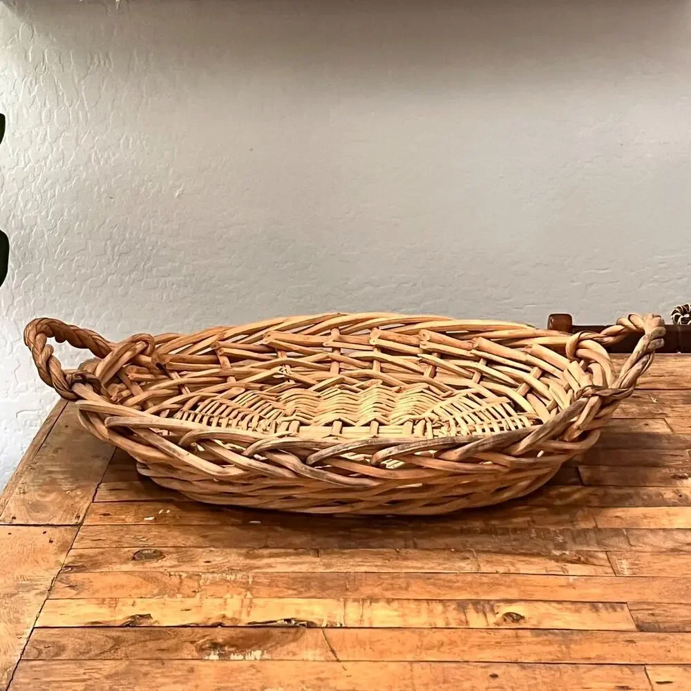 Rattan Woven Wicker Oval Basket With Handles Farmhouse Cottage